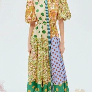 SHEIN Green Floral & Polka Dot Patchwork Maxi Dress